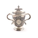 A George II silver two-handled cup with a later cover, maker's mark worn, T?, London 1734, of