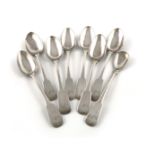 A set of seven early 19th century Fiddle pattern teaspoons and a mustard spoon, marked with an O,