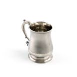 A George II silver mug, by Humphrey Payne, London 1750, baluster form, scroll handle, on a raised