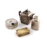 A mixed lot of silver items, comprising: a William IV miniature silver Chinoiserie teapot, by Joseph