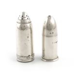 Two silver salt and pepper pots, comprising: a salt pot modelled as a bullet casing, Birmingham