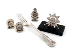 A mixed lot of Regimental silver items, comprising: a pair of menu card holders, The 1st Life