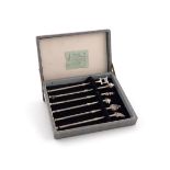 A cased set of six Japanese silver swizzle sticks, no maker's mark, stamped 'STERLING JAPAN',