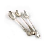 A collection of three antique silver basting spoons, comprising: a Victorian Albert pattern one,