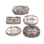 A collection of five antique silver wine labels, comprising: one by Margaret Binley, London circa