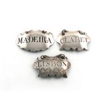 Three George III silver wine labels, comprising: one probably by John Rich, London circa 1765,