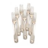 A set of seven William IV silver Fiddle and Shell pattern table forks, by Richard Britton, London