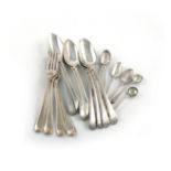 A collection of antique silver flatware, various dates and makers, all with shoulders, comprising: a