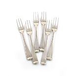 A set of six George III Irish silver Hanoverian pattern table forks, maker's mark of Michael Homer,