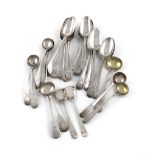 A collection of antique silver spoons, comprising: a set of six George III teaspoons by Benjamin