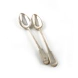 A matched pair of George III silver Fiddle, Thread and Drop pattern (no Shoulders) basting spoons,