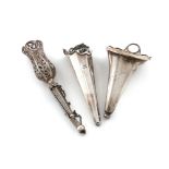 Three silver posy holders, comprising: one apparently unmarked, pierced and engraved scroll