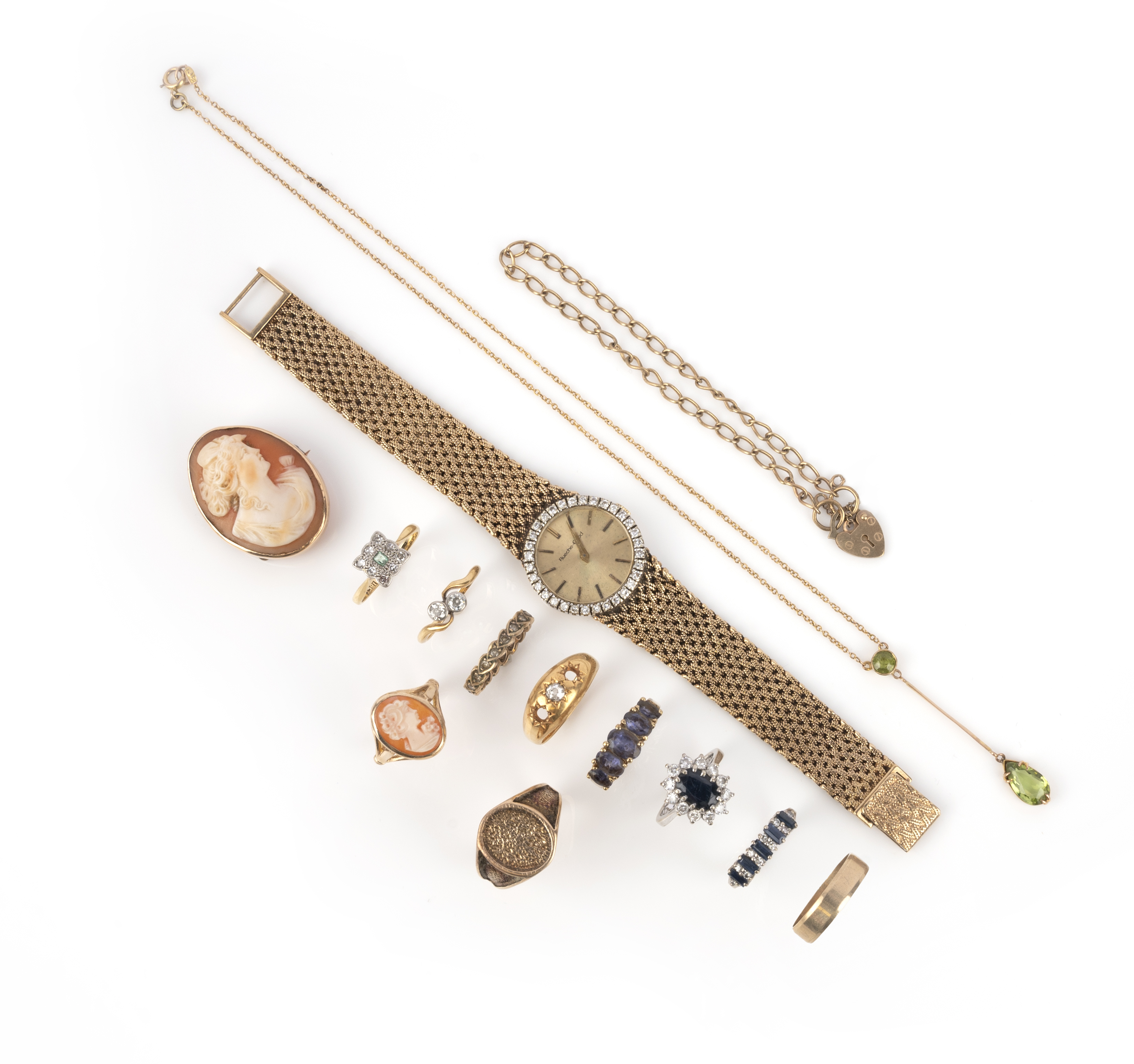 A group of jewellery, comprising: a lady's 9ct gold and diamond wristwatch by Beuche-Girod, manual