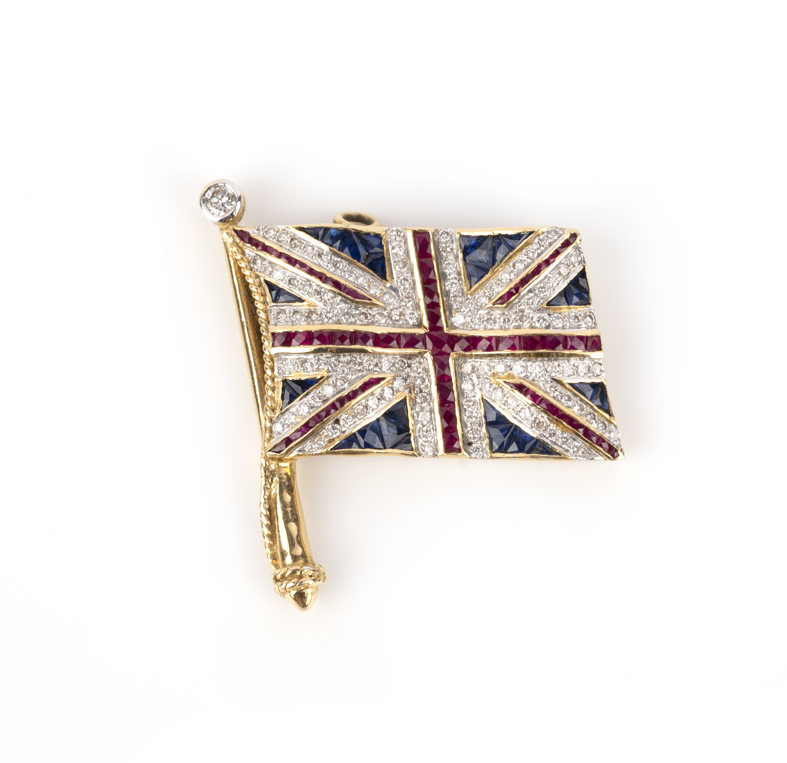 A gem-set gold Union Jack brooch pendant, set with French-cut sapphires and rubies and round