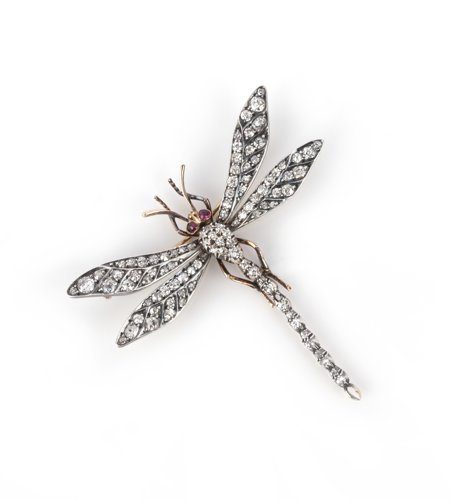 A late Victorian diamond-set dragonfly brooch, set overall with graduated old cushion-shaped - Image 2 of 2