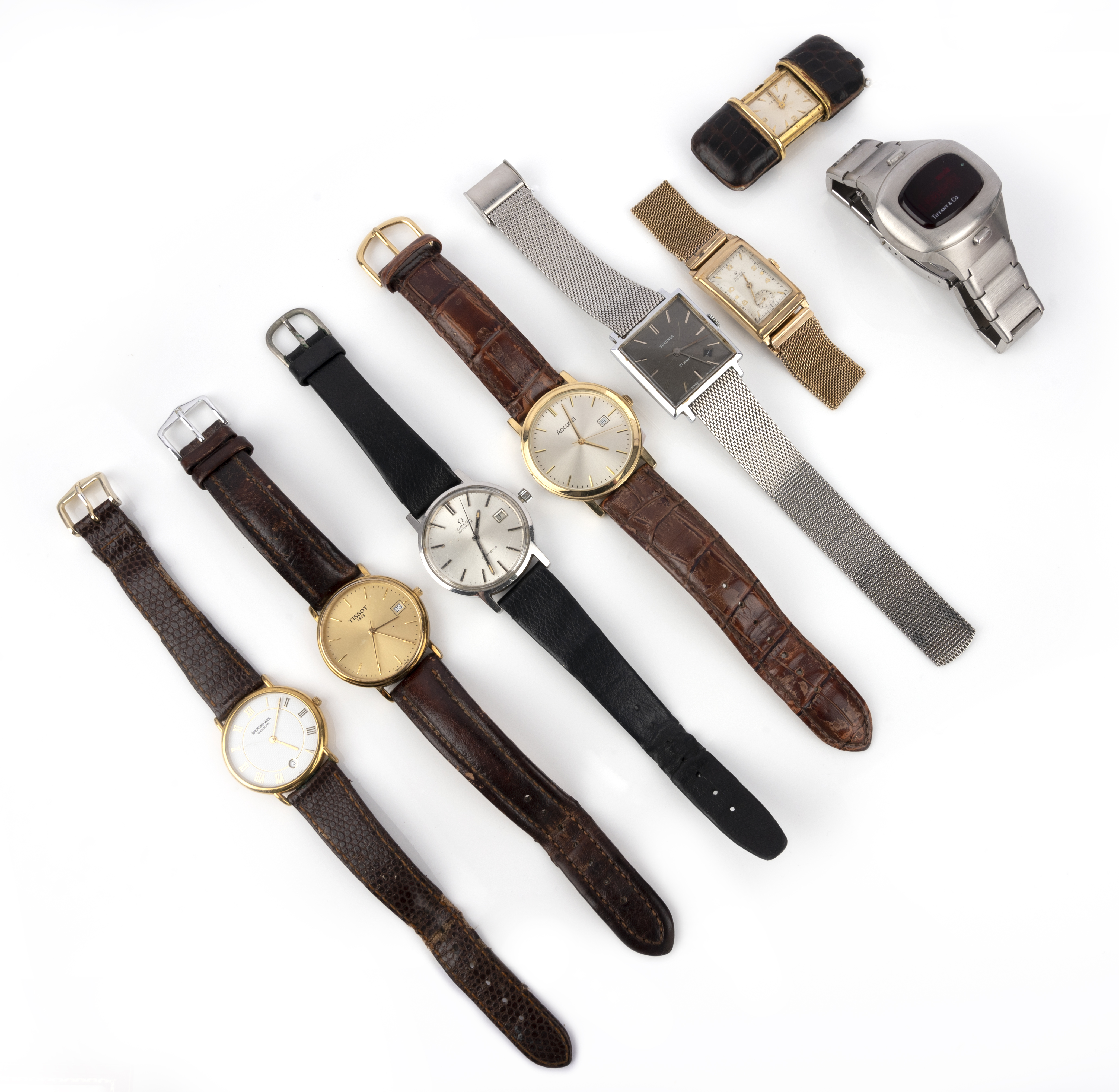 Seven gentleman's wristwatches and one travel watch, comprising: a 9ct Rolex watch, dial 2.2 x 1.