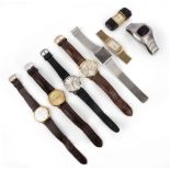 Seven gentleman's wristwatches and one travel watch, comprising: a 9ct Rolex watch, dial 2.2 x 1.