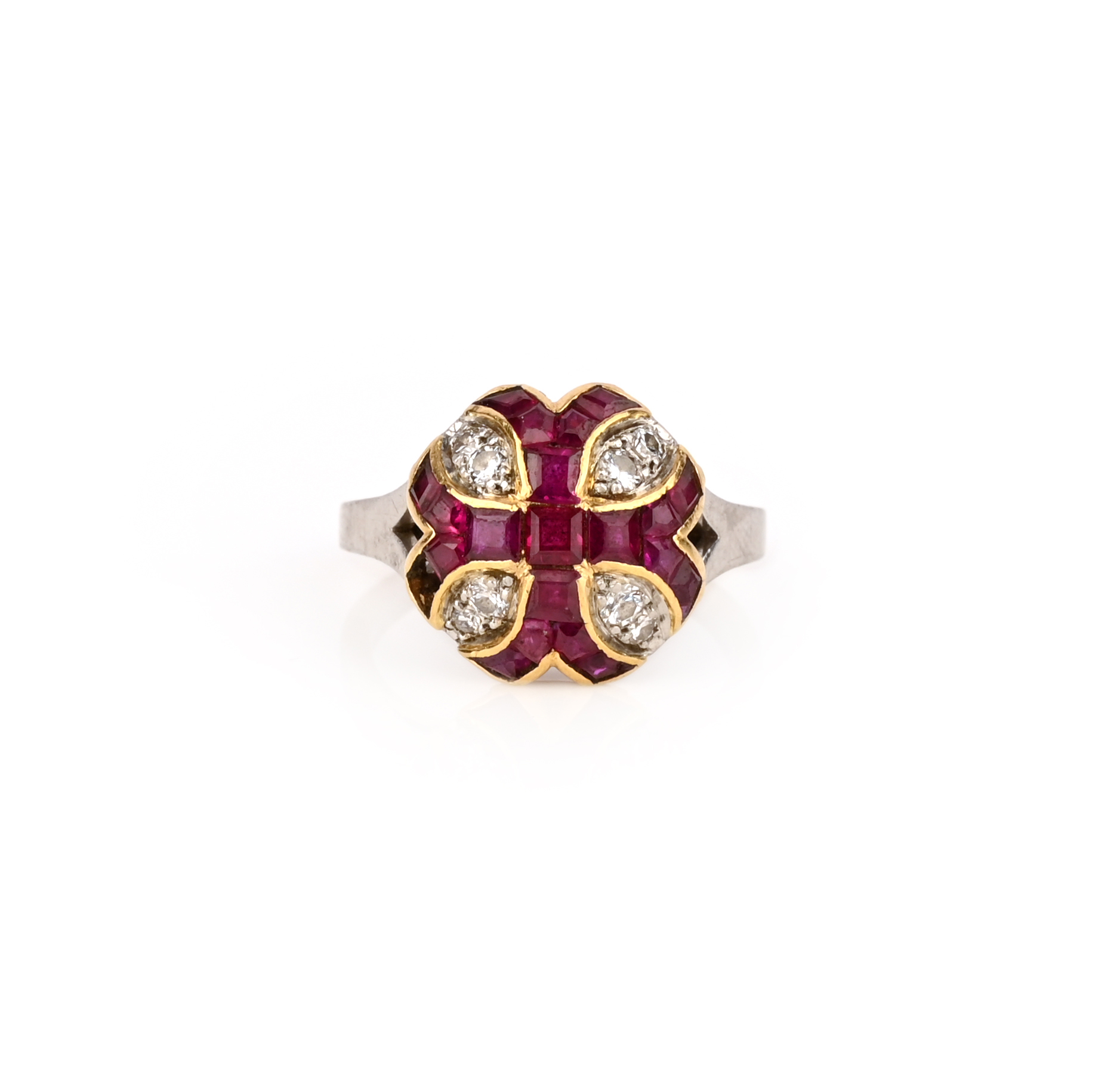 A ruby and diamond ring, designed as a cluster with a Templar cross in calibré-cut rubies, spaced by - Image 2 of 2