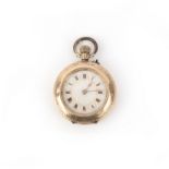 A gold pocket watch, circa 1900, the white enamel dial with red Roman numeral indicators and gold