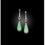 A pair of Art Deco jadeite and diamond earrings, circa 1920, each composed of an elongated
