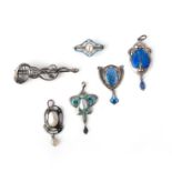 A group of six Arts and Crafts jewels, early 20th century, comprising: a silver and blue enamel