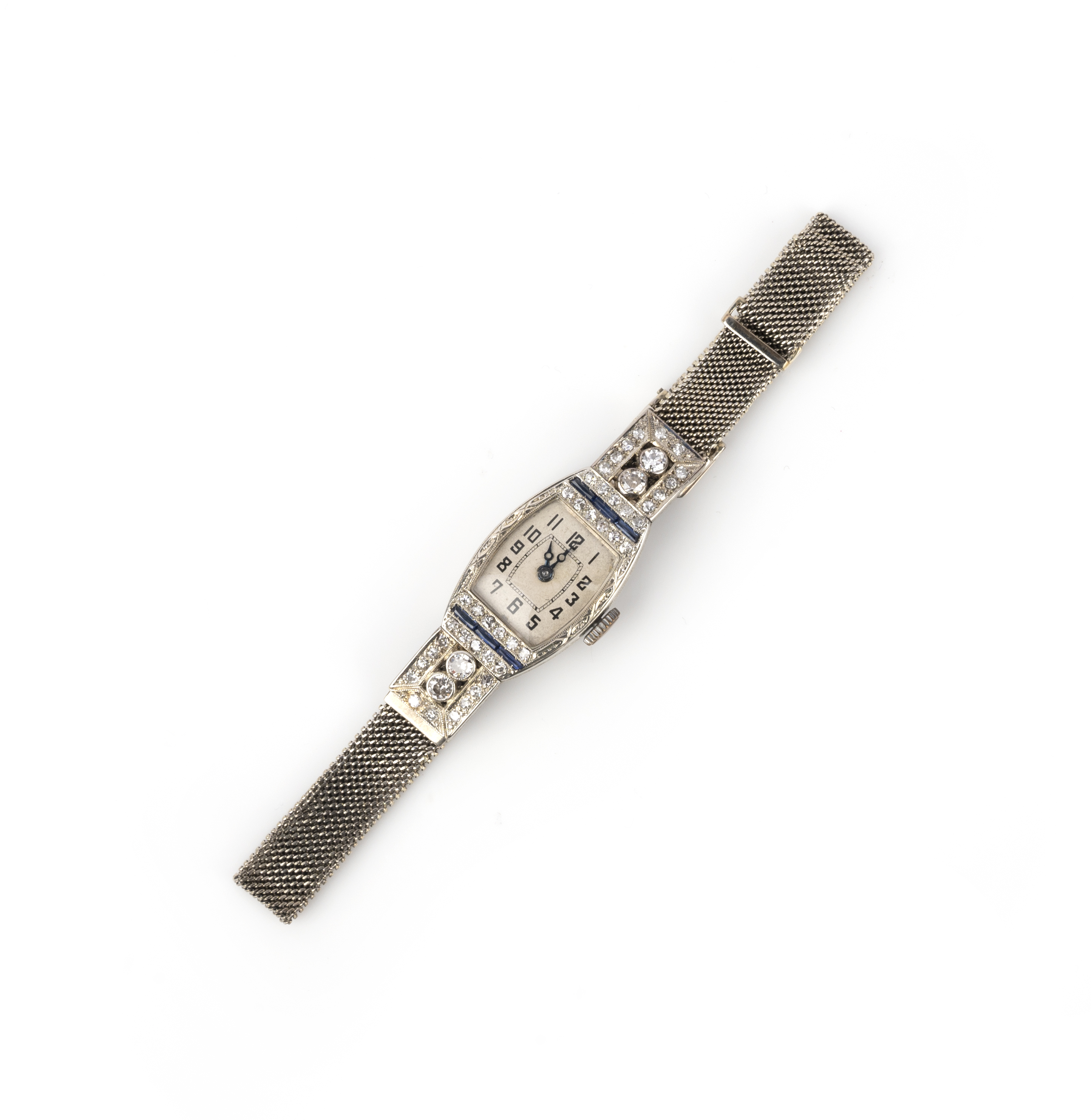 Rolex, a lady's diamond and synthetic sapphire Art Deco wristwatch, 1920s, the tonneau-shaped