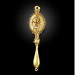 A Victorian lorgnette, late 19th century, the handle with an iris and half-pearl crescent moon to