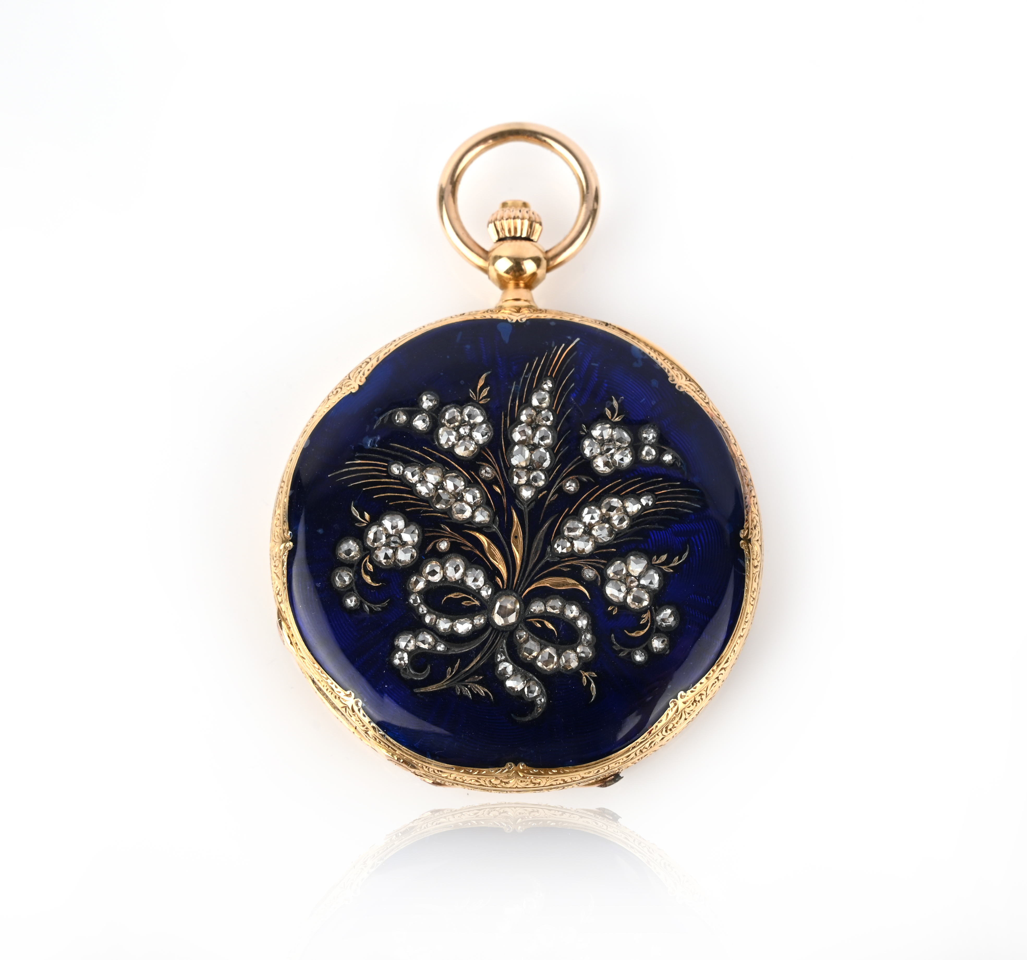 An early 19th century enamel and gold fob watch, decorated with a polychrome enamel cherub within