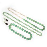 A collection of three chrysoprase necklaces and a pair of earrings, the three necklaces each