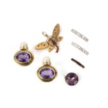 A group of jewellery, comprising: a pair of amethyst and cultured pearl earrings, post fittings,