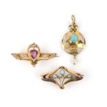 Murrle Bennett, two gold and gem-set jewels, circa 1900; and a pink tourmaline and seed pearl