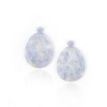 A pair of icy jadeite pendants, each translucent, pale lavender plaque of pear-shaped outline,