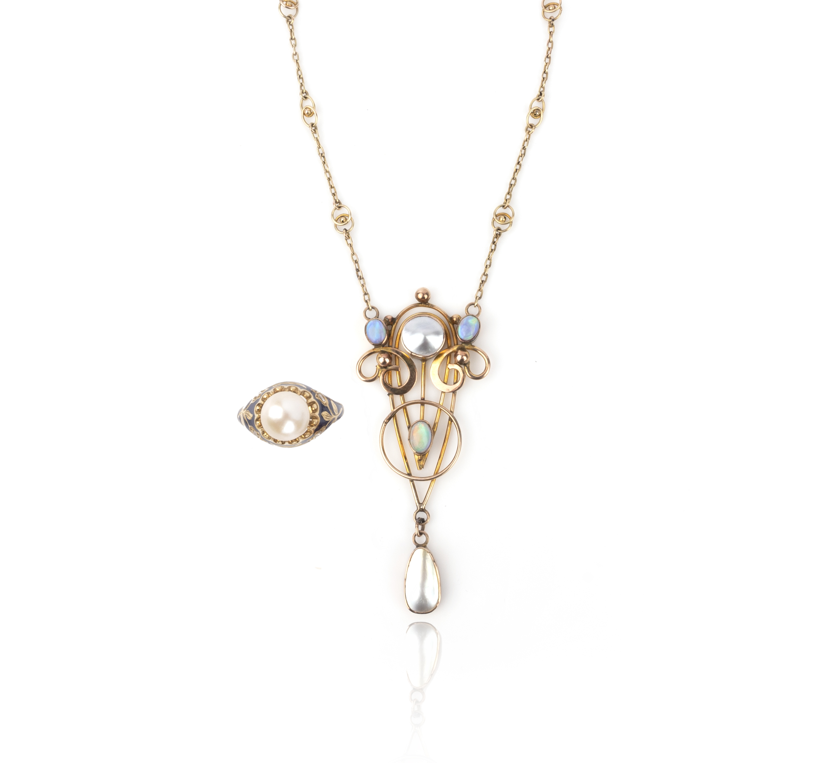 An Arts and Crafts opal and mother of pearl pendant necklace, circa 1900, and a pearl, enamel and