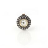 Rolex, a seed pearl watch pendant, circa 1914, the circular white enamel dial with black enamel