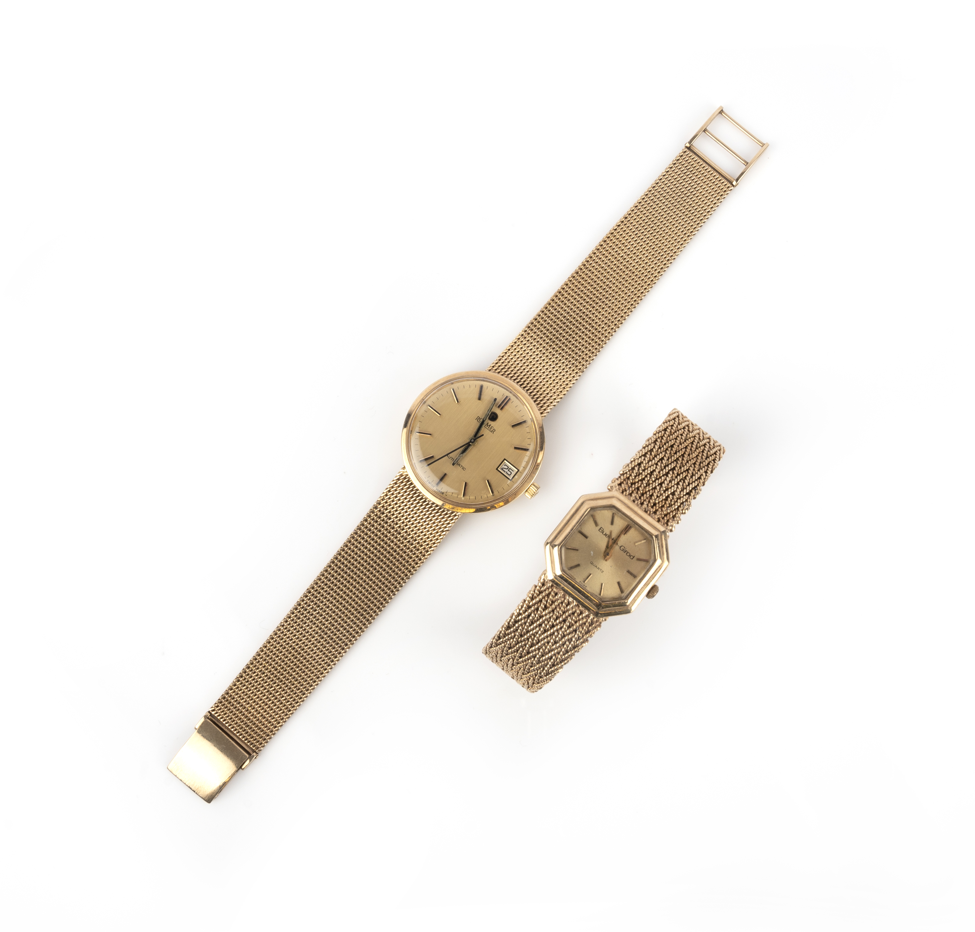 Two gold wristwatches, 1970s, comprising: a lady's 9ct watch by Beuche Girod, length 16.2cm, dial