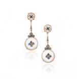 A pair of rock crystal, sapphire and diamond earrings, of pendent design, set with frosted rock