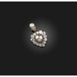 A Victorian pearl and diamond heart pendant, the central grey pearl within a surround of old