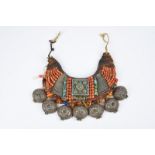 λA Tibet chest ornament the fabric and wool gorget with coral, turquoise, glass and silver