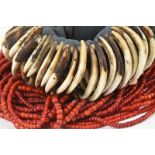 λA Naga bandolier Nagaland with two rows of pangolin claws manis crassicaudata on a cloth background