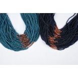 Two Naga multi strand bead necklaces Nagaland glass beads predominantly dark blue and turquoise with