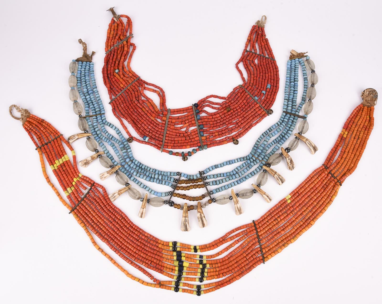 Three Naga necklaces Nagaland coloured and clear glass beads, brass and bone spacers, pig teeth - Image 2 of 6