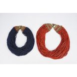 Two Naga multi strand bead necklaces Nagaland fibre and coloured glass, predominantly red and blue