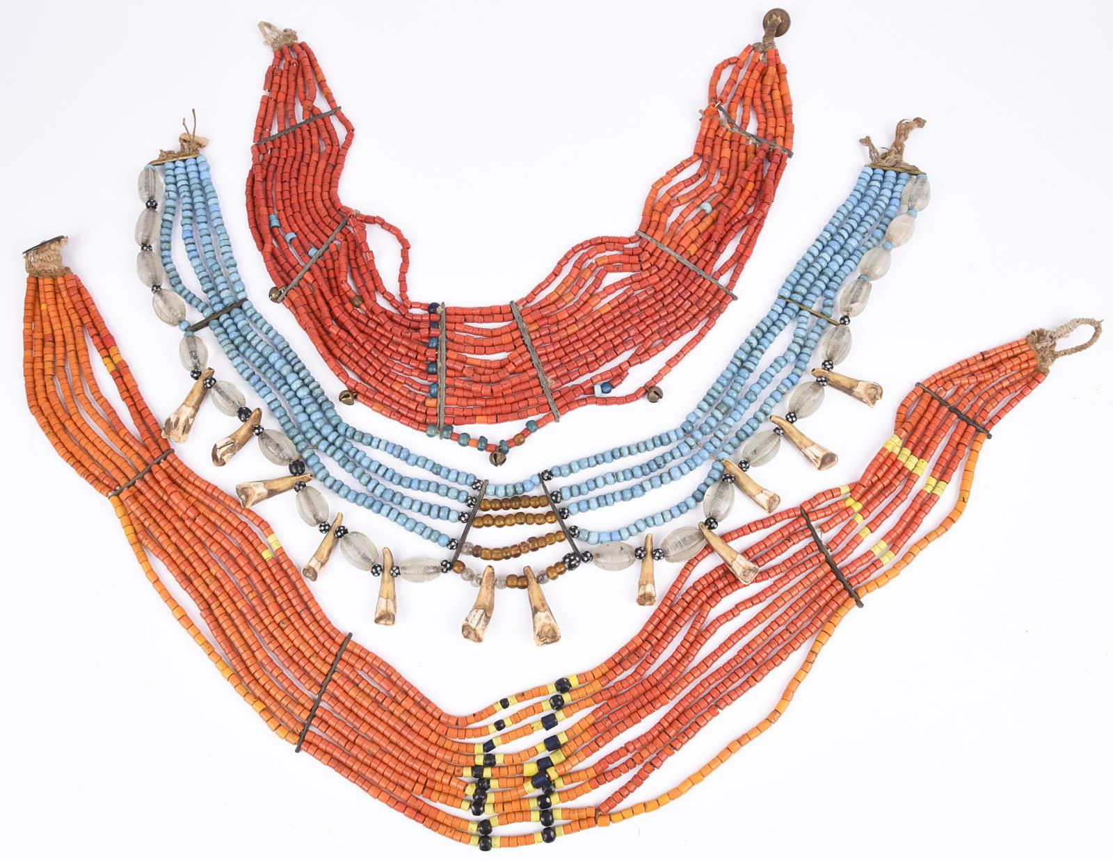 Three Naga necklaces Nagaland coloured and clear glass beads, brass and bone spacers, pig teeth - Image 4 of 6