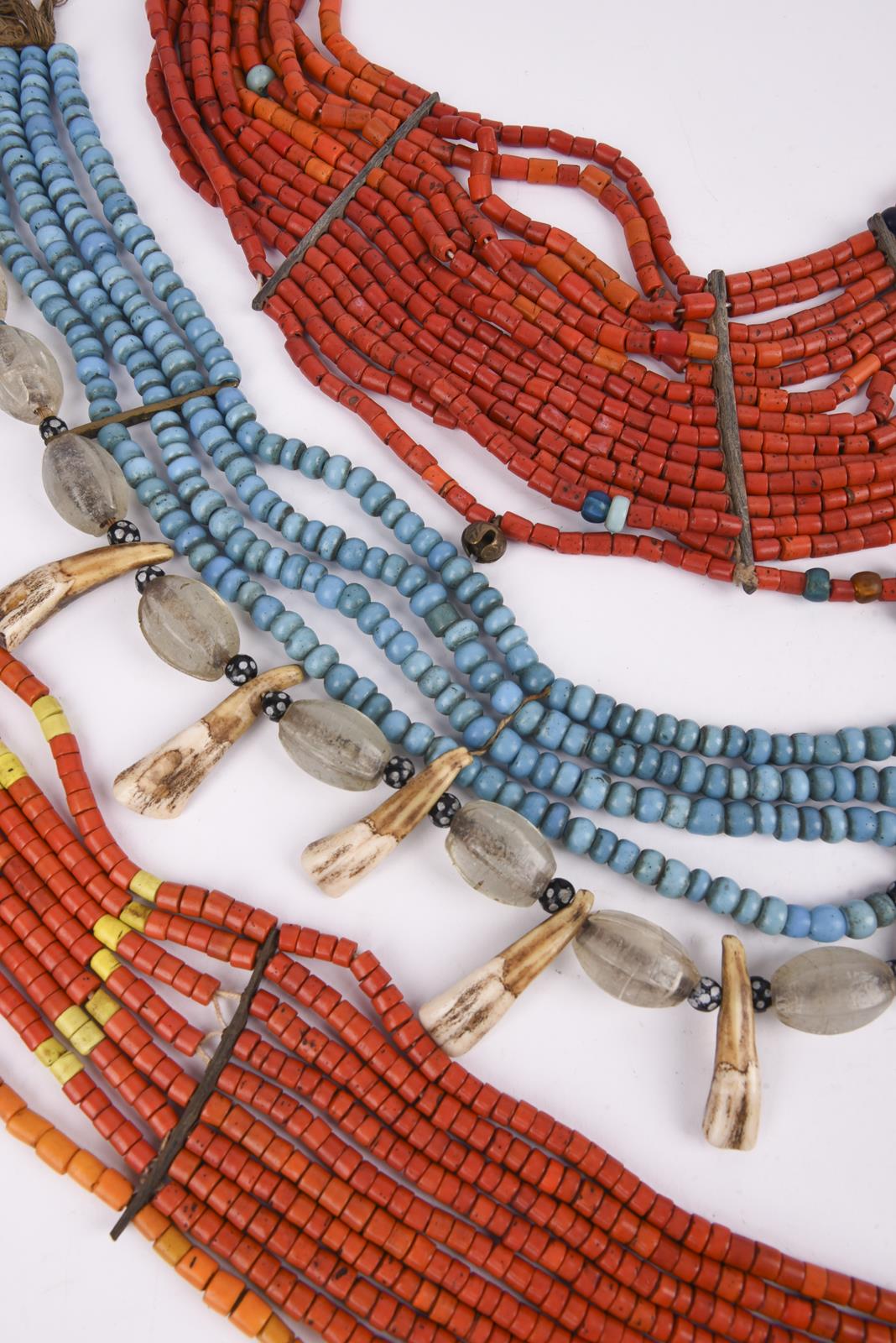 Three Naga necklaces Nagaland coloured and clear glass beads, brass and bone spacers, pig teeth - Image 3 of 6