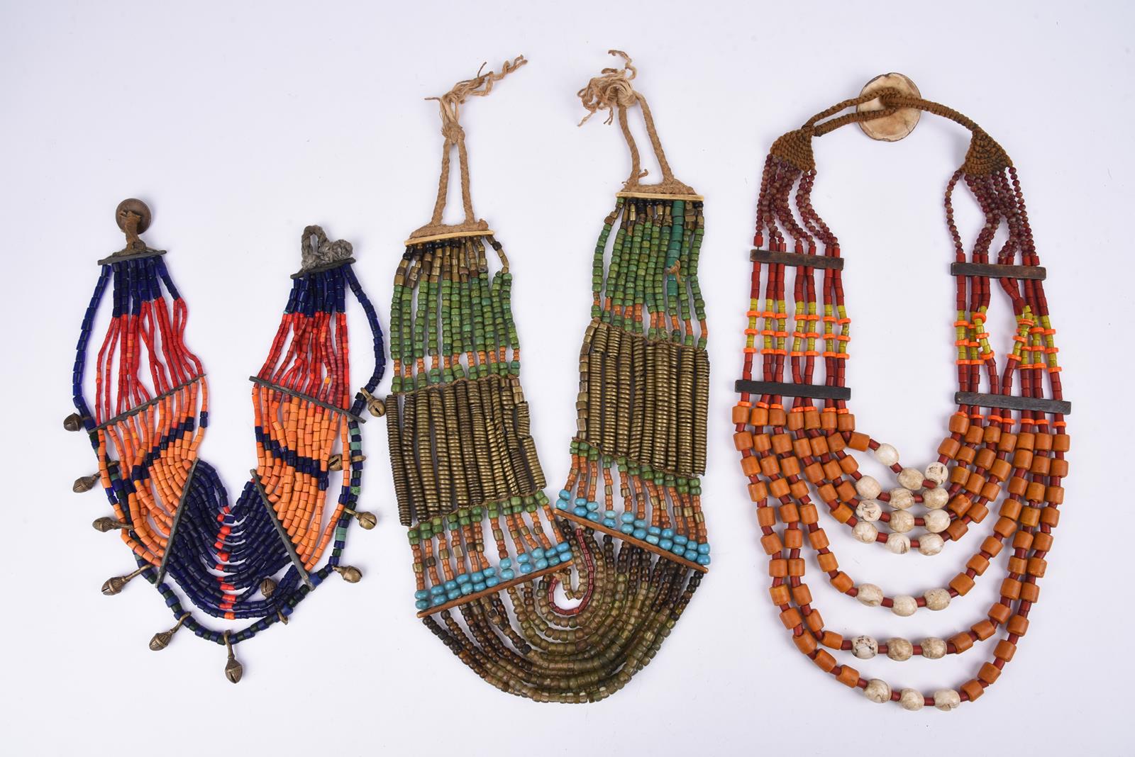 Three Naga necklaces Nagaland coloured glass beads, brass, shell and fibre, one hung with brass - Image 5 of 5