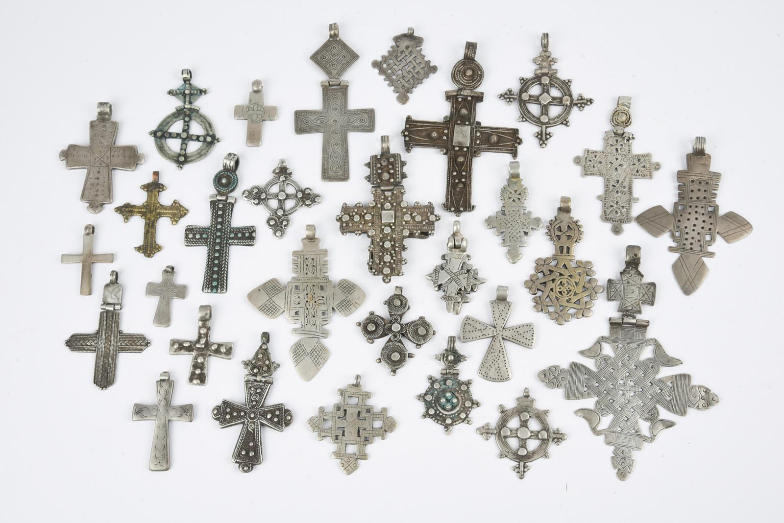 Twenty nine Ethiopian Coptic cross pendants silver coloured metal, one brass, twelve hinged with one - Image 2 of 28