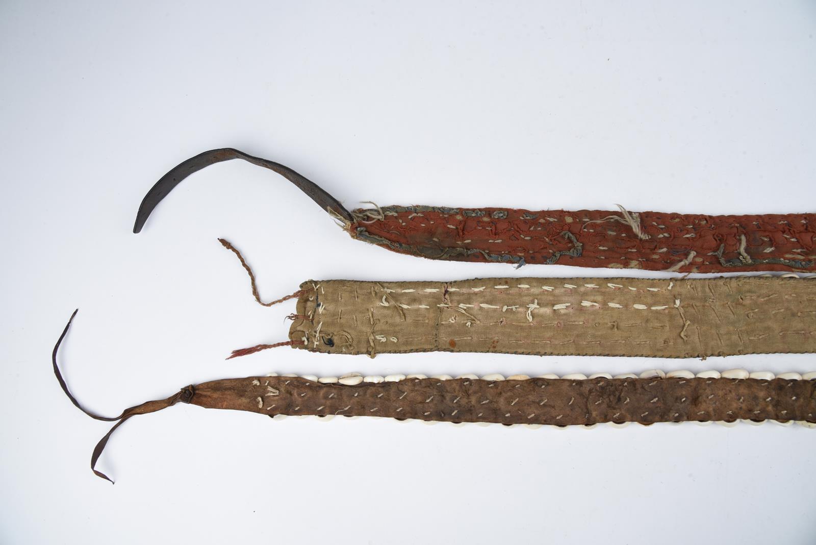 Three Naga cloth and shell mounted belts 138cm, 174cm and 218cm long, and three cowrie shell mounted - Image 8 of 18