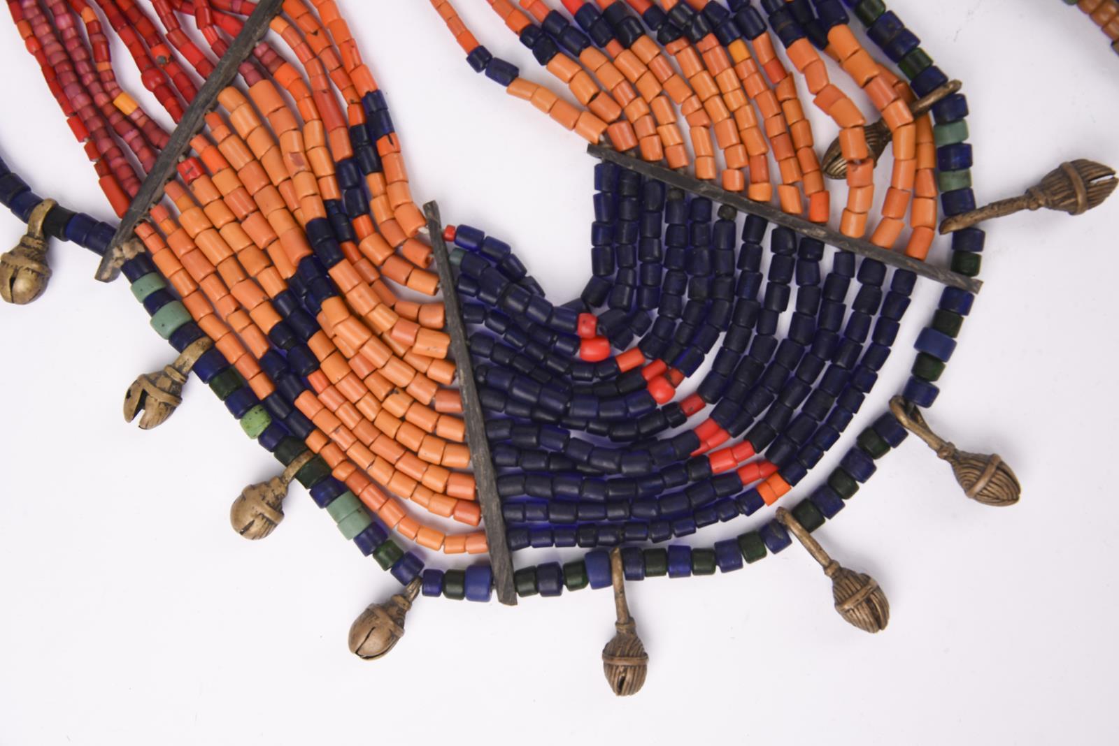 Three Naga necklaces Nagaland coloured glass beads, brass, shell and fibre, one hung with brass - Image 2 of 5