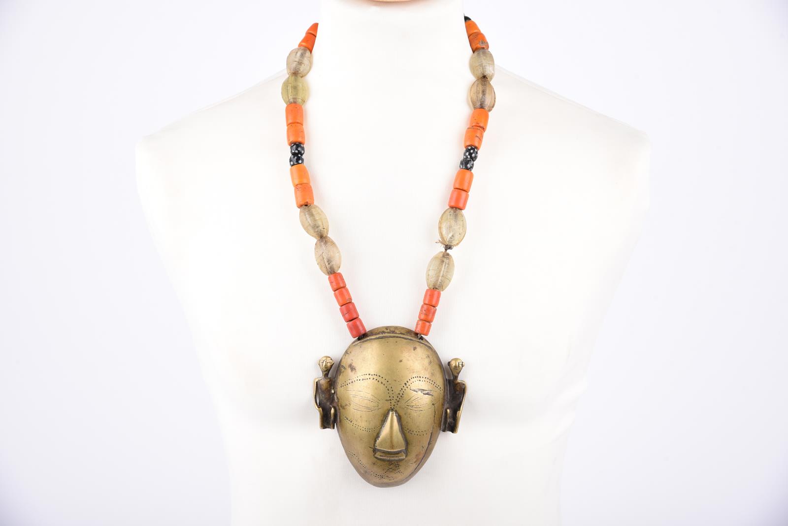 A Naga brass head pendant necklace Nagaland with seated figures to the sides and with strung glass - Image 2 of 8