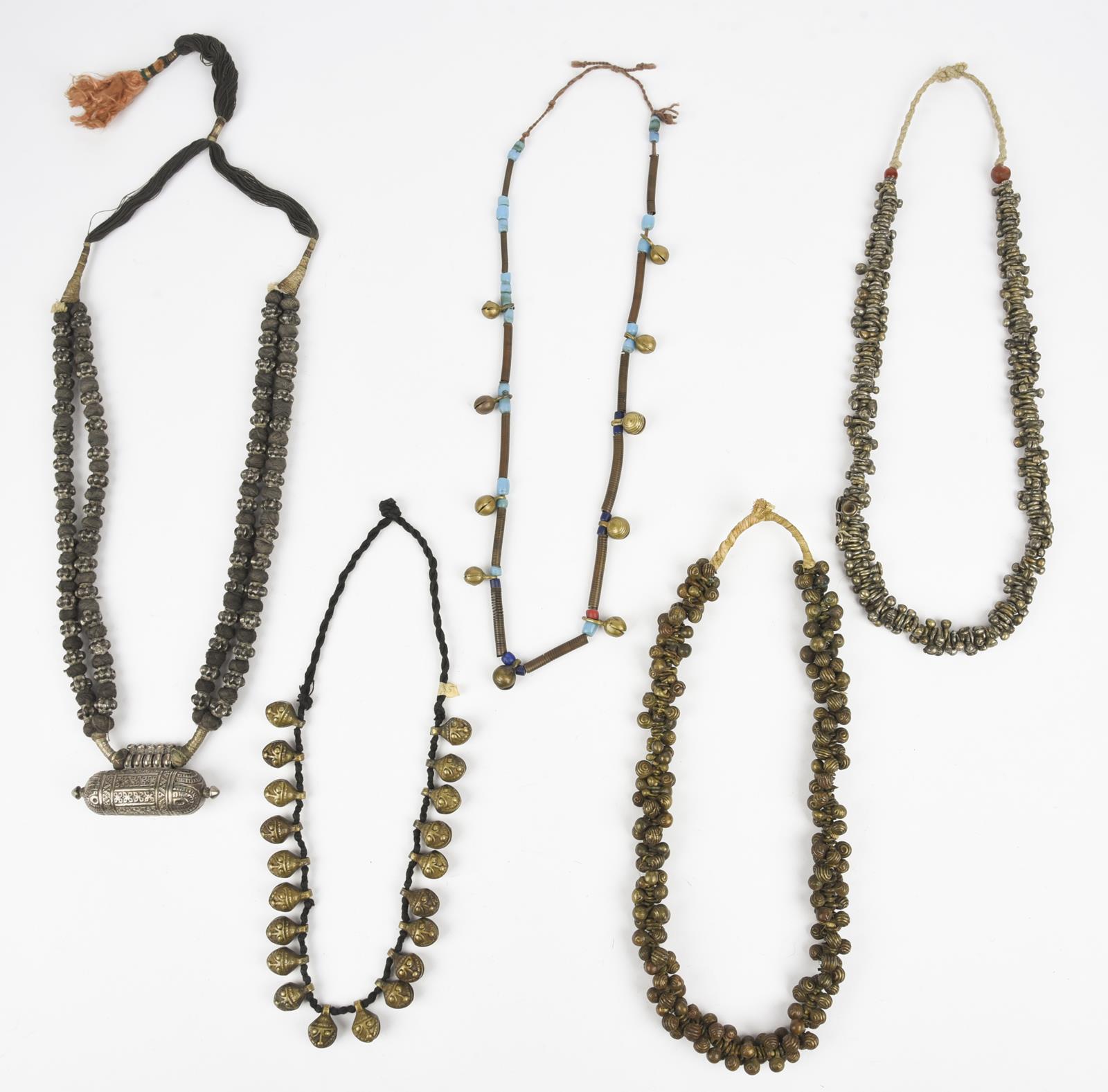 Five Nepal metal mounted necklaces including one with an amulet box and a double strand with cog - Image 2 of 17